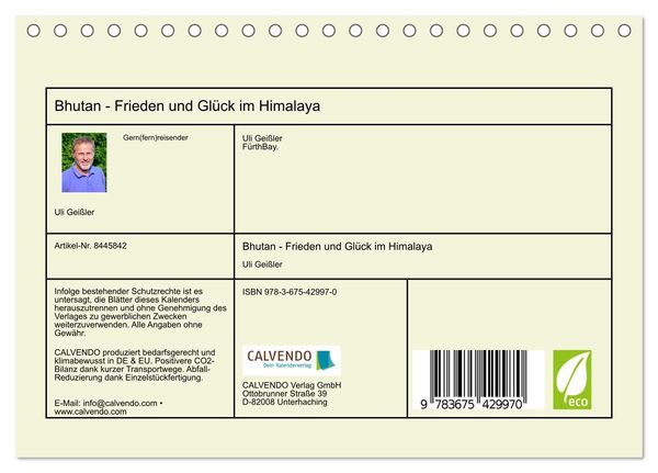 Bhutan - Frieden und Glück im Himalaya (Tischkalender 2024 DIN A5 quer), CALVENDO Monatskalender