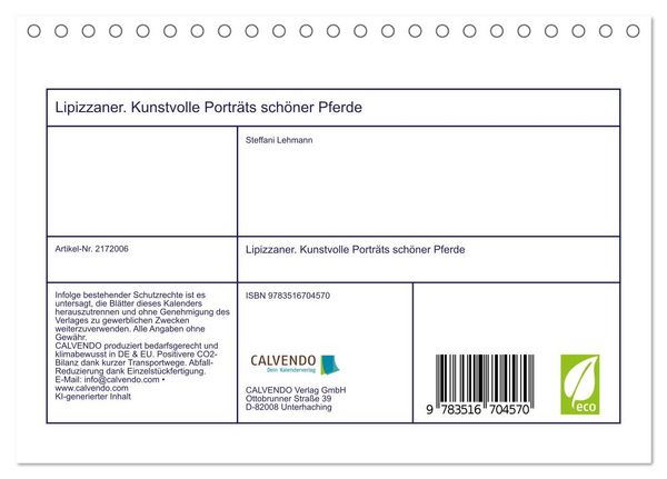 Produktbild: Lipizzaner. Kunstvolle Portr&auml;ts sch&ouml;ner Pferde (Tischkalender 2026 DIN A5 quer), CALVENDO Monatskalender
