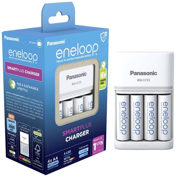 Produktbild: Panasonic Smart & Quick BQ-CC55 +4x eneloop AA Rundzellen-Ladeger&auml;t NiMH Micro (AAA), Mignon (AA)
