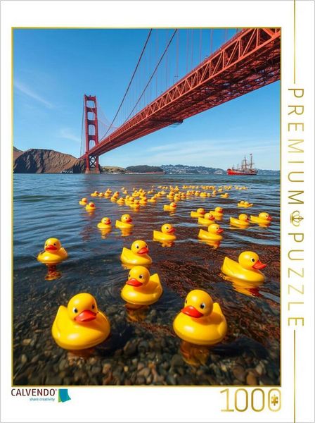 CALVENDO Puzzle Sightseeing in USA - Gummienten an der Golden Gate Bridge | 1000 Teile Lege-Größe 64x48cm Foto-Puzzle für glückliche Stunden