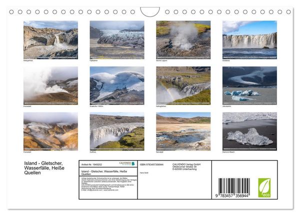 Produktbild: Island - Gletscher, Wasserf&auml;lle, Hei&szlig;e Quellen (Wandkalender 2026 DIN A4 quer), CALVENDO Monatskalender