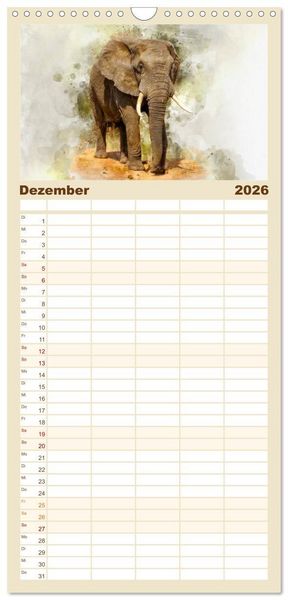Produktbild: Familienplaner 2026 - Elefanten - k&uuml;nstlerische Impressionen der gr&ouml;&szlig;ten noch lebenden Landtiere mit 5 Spalten (Wandkalender, 21 x 45 cm) CALVENDO