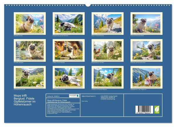 Produktbild: Mops trifft Berglust. Fidele Gipfelst&uuml;rmer im H&ouml;henrausch (hochwertiger Premium Wandkalender 2026 DIN A2 quer), Kunstdruck in Hochglanz
