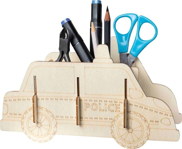 Produktbild: PEBARO 477/4 - Holzbausatz Stiftehalter Polizeiauto, Laser cut Bastelset