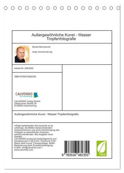 Produktbild: Au&szlig;ergew&ouml;hnliche Kunst - Wasser Tropfenfotografie (Tischkalender 2026 DIN A5 hoch), CALVENDO Monatskalender