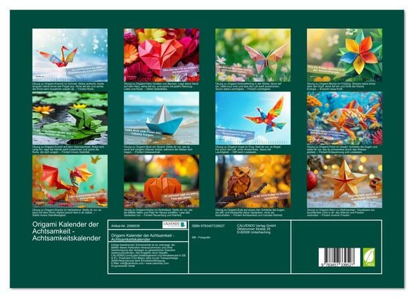Produktbild: Origami Kalender der Achtsamkeit - Achtsamkeitskalender (Wandkalender 2026 DIN A3 quer), CALVENDO Monatskalender
