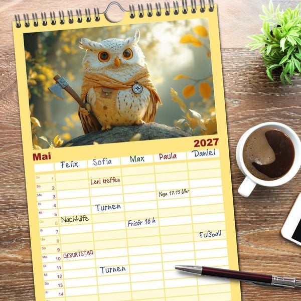 Produktbild: Familienplaner 2027 - Eulen im Wald - Die geheimen Jobs und Aufgaben mit 5 Spalten (Wandkalender, 21 x 45 cm) CALVENDO