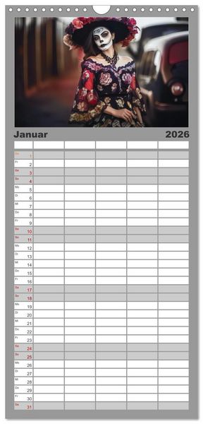 Produktbild: Familienplaner 2026 - Festliche Dia de Muertos Portr&auml;ts mit 5 Spalten (Wandkalender, 21 x 45 cm) CALVENDO