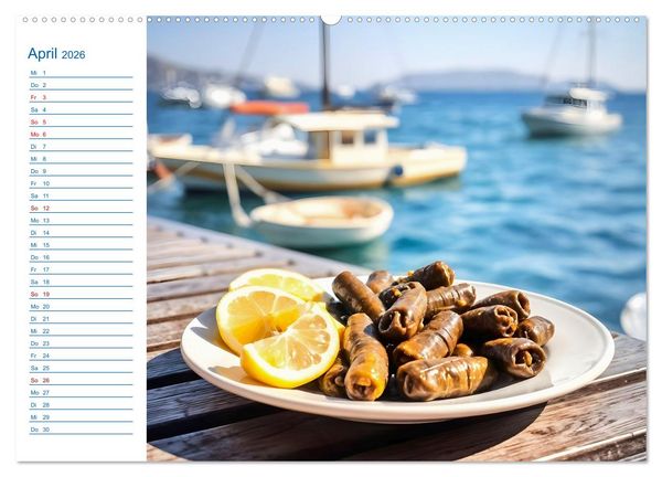 Produktbild: Zw&ouml;lf Teller Sonne &ndash; Kulinarisch durchs Griechenjahr (Wandkalender 2026 DIN A2 quer), CALVENDO Monatskalender