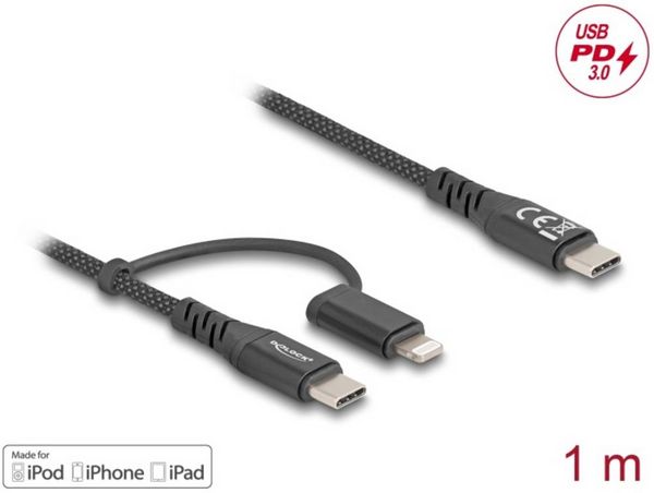 Produktbild: Delock USB-C&reg; Kabel USB 2.0 USB-C&reg; Stecker, USB-C&reg; Stecker, Apple Lightning Stecker 1.00 m Schwarz 81170