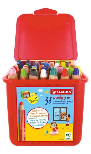 Produktbild: Buntstift, Wasserfarbe & Wachsmalkreide - STABILO woody 3 in 1 - 38er Pack mit Spitzer und Pinsel - mit 38 verschiedenen Farben