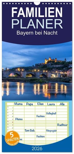 Produktbild: Familienplaner 2026 - Bayern bei Nacht mit 5 Spalten (Wandkalender, 21 x 45 cm) CALVENDO