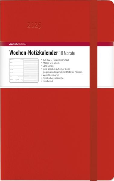 Alpha Edition - Wochen Notizkalender groß Red 2025 Taschenkalender, 13x21cm, Kalender mit 208 Seiten, Überblick von 18 M