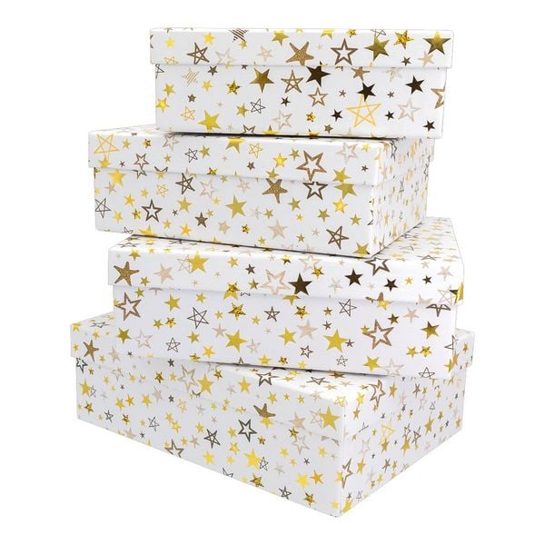 Produktbild: Idena Geschenkboxen Sterne wei&szlig;/gold/silber 24x18/22x17/20x15/18x14 cm WH