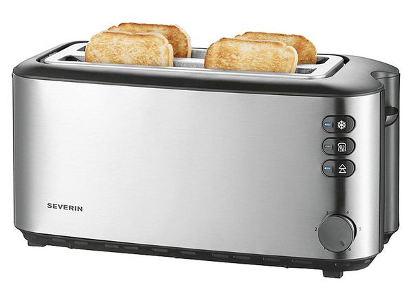 Produktbild: Severin AT 2509 Doppel-Langschlitztoaster mit eingebautem Br&ouml;tchenaufsatz Edelstahl (geb&uuml;rstet), Schwarz