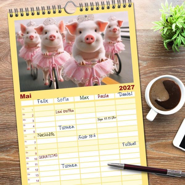 Produktbild: Familienplaner 2027 - Vom Gl&uuml;ck, ein Schweinchen zu sein mit 5 Spalten (Wandkalender, 21 x 45 cm) CALVENDO