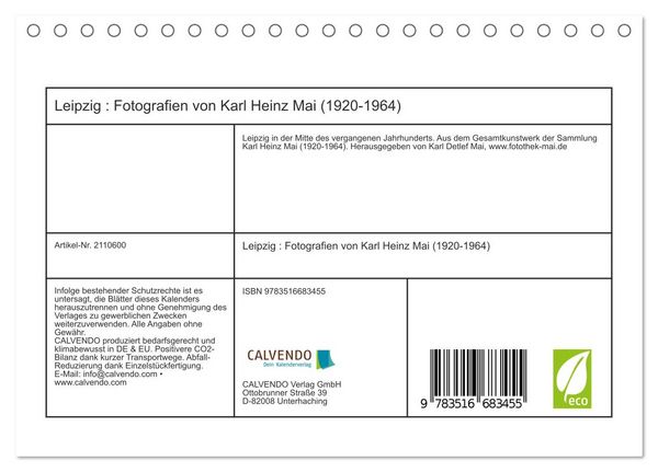 Produktbild: Leipzig : Fotografien von Karl Heinz Mai (1920-1964) (Tischkalender 2026 DIN A5 quer), CALVENDO Monatskalender