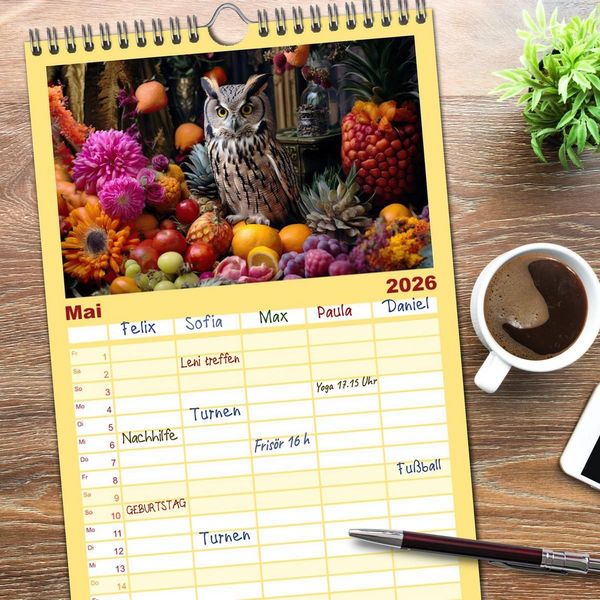 Produktbild: Familienplaner 2026 - Stillleben mit Eule mit 5 Spalten (Wandkalender, 21 x 45 cm) CALVENDO