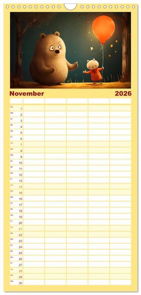 Produktbild: Familienplaner 2026 - B&auml;rige Illustrationen mit 5 Spalten (Wandkalender, 21 x 45 cm) CALVENDO