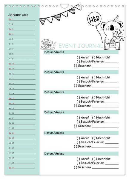 Produktbild: Geburtstagsplaner Doodle Tiere - F&uuml;r Termine, Geschenke, Eventdetails & mehr (Wandkalender 2026 DIN A3 hoch), CALVENDO Monatskalender