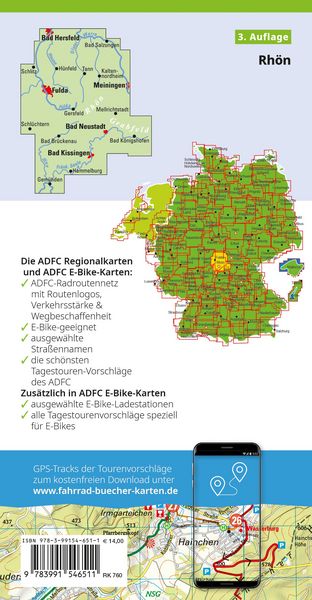 Produktbild: BVA ADFC Regionalkarte Traumhafte E-Bike-Touren in der Rh&ouml;n 1:75.000