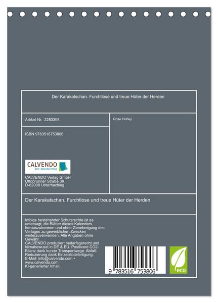 Produktbild: Der Karakatschan. Furchtlose und treue H&uuml;ter der Herden (Tischkalender 2027 DIN A5 hoch), CALVENDO Monatskalender