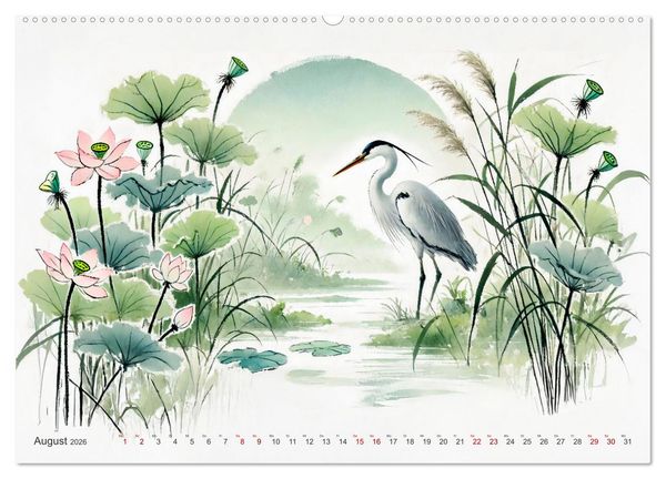 Produktbild: Federleicht - Vogelwelt im Stile asiatischer Tuschmalerei (hochwertiger Premium Wandkalender 2026 DIN A2 quer), Kunstdruck in Hochglanz