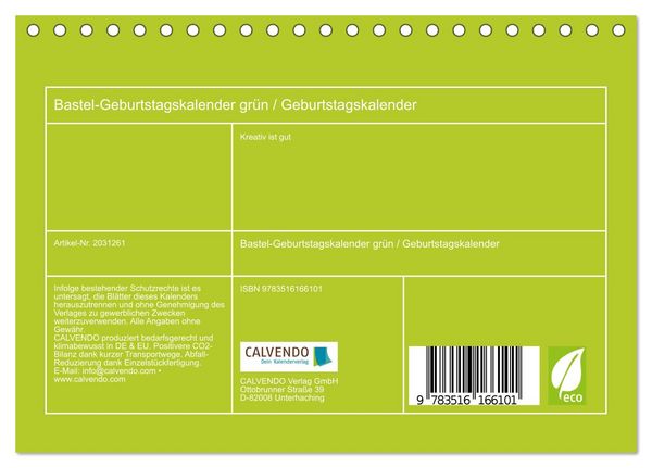 Produktbild: Bastel-Geburtstagskalender gr&uuml;n / Geburtstagskalender (Tischkalender 2026 DIN A5 quer), CALVENDO Monatskalender