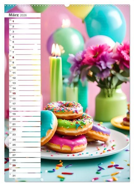 Produktbild: Donuts and Birthdays, s&uuml;&szlig;er Geburtstagskalender mit bunte KI Donuts (Wandkalender 2026 DIN A2 hoch), CALVENDO Monatskalender