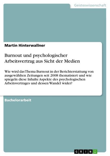 Produktbild: Burnout und psychologischer Arbeitsvertrag aus Sicht der Medien