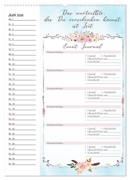 Produktbild: Geburtstagsplaner Boho Blau - F&uuml;r Termine, Geschenke, Eventdetails & mehr (Wandkalender 2026 DIN A2 hoch), CALVENDO Monatskalender