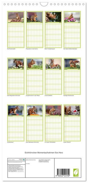 Produktbild: Familienplaner 2026 - Eichh&ouml;rnchen Momentaufnahmen f&uuml;rs Herz mit 5 Spalten (Wandkalender, 21 x 45 cm) CALVENDO
