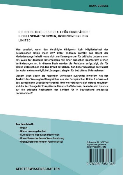 Produktbild: Die Bedeutung des Brexit f&uuml;r europ&auml;ische Gesellschaftsformen, insbesondere der Limited