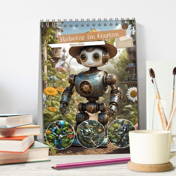 Produktbild: Roboter im Garten - Kleine Helfer (Tischkalender 2026 DIN A5 hoch), CALVENDO Monatskalender