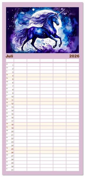Produktbild: Familienplaner 2026 - Magische Einh&ouml;rner - Traumlandschaften unterm Regenbogen mit 5 Spalten (Wandkalender, 21 x 45 cm) CALVENDO