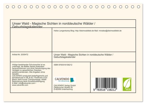 Produktbild: Unser Wald - Magische Sichten in norddeutsche W&auml;lder / Geburtstagskalender (Tischkalender 2026 DIN A5 quer), CALVENDO Monatskalender
