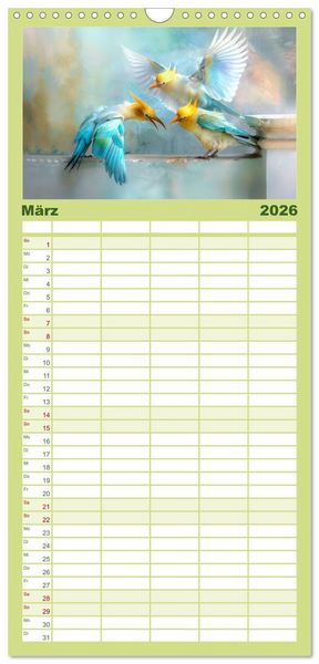 Produktbild: Familienplaner 2026 - Farbenfrohe Fantasiev&ouml;gel mit 5 Spalten (Wandkalender, 21 x 45 cm) CALVENDO