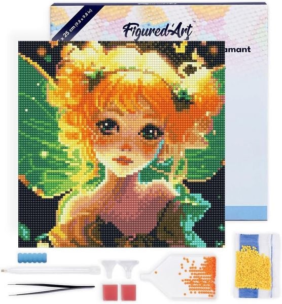 Produktbild: FiguredArt DP-SFA167-Y - Mini Diamond Painting, H&uuml;bsche Kleine Fee, Leinwand-Keilrahmen (25x25cm), DIY Bastelset