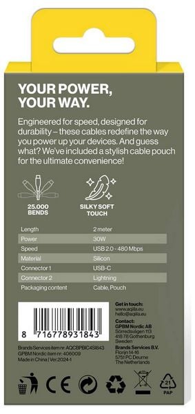 Produktbild: Aqiila Cablebird CS22 USB-C&reg; Kabel USB 2.0 Apple Lightning Stecker 2.00 m Wei&szlig; AQCBPBIC4SI843