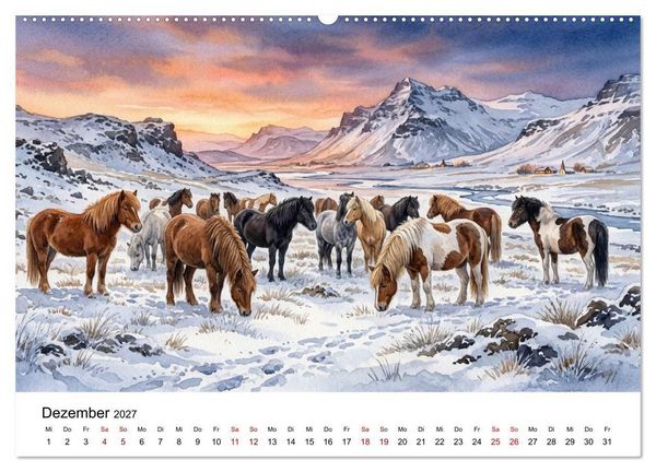 Produktbild: Magie der Islandpferde im Aquarellstil (Wandkalender 2027 DIN A2 quer), CALVENDO Monatskalender