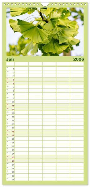 Produktbild: Familienplaner 2026 - Mit Ginkgo biloba durch das Jahr mit 5 Spalten (Wandkalender, 21 x 45 cm) CALVENDO