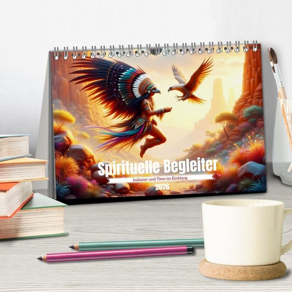 Produktbild: Spirituelle Begleiter - Indianer und Tiere im Einklang (Tischkalender 2026 DIN A5 quer), CALVENDO Monatskalender