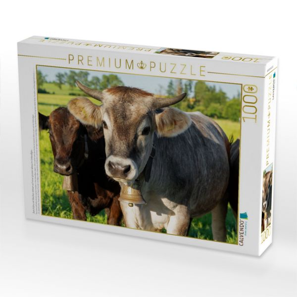 Produktbild: CALVENDO Puzzle Zwei K&uuml;he mit Glocken stehen auf einer gr&uuml;nen Wiese im Unterallg&auml;u | 1000 Teile Lege-Gr&ouml;&szlig;e 64x48cm Foto-Puzzle f&uuml;r gl&uuml;ckliche Stunden