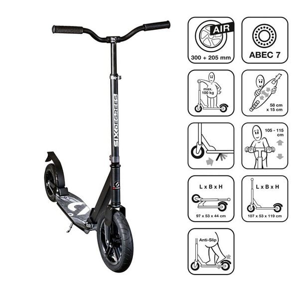 SIX DEGREES Aluminium Scooter All Terrain 300/205 mm schwarz