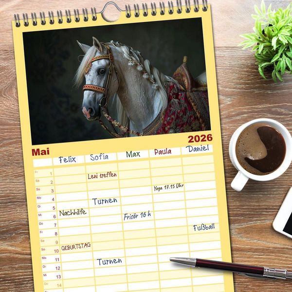 Produktbild: Familienplaner 2026 - Bezaubernde Eleganz wei&szlig;er Pferde mit 5 Spalten (Wandkalender, 21 x 45 cm) CALVENDO