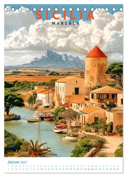 Produktbild: Sizilien - Old School Poster Style (Tischkalender 2027 DIN A5 hoch), CALVENDO Monatskalender
