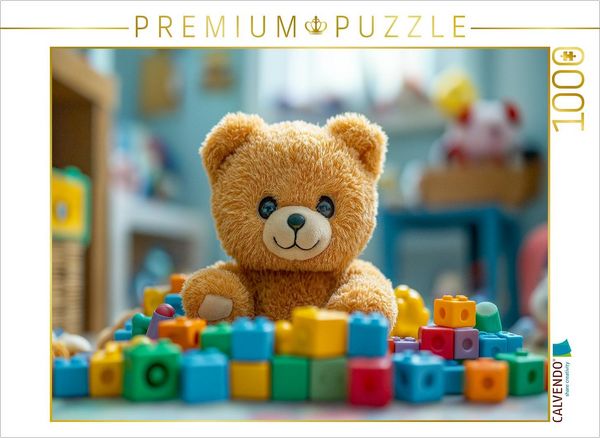 CALVENDO Puzzle Niedlicher Baby Teddybär im Kinderzimmer mit buntem Spielzeug | 1000 Teile Lege-Größe 64x48cm Foto-Puzzle für glückliche Stunden