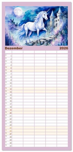 Produktbild: Familienplaner 2026 - Magische Einh&ouml;rner - Traumlandschaften unterm Regenbogen mit 5 Spalten (Wandkalender, 21 x 45 cm) CALVENDO