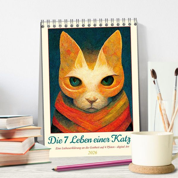 Produktbild: Die 7 Leben einer Katze (Tischkalender 2026 DIN A5 hoch), CALVENDO Monatskalender