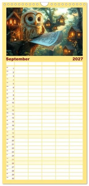 Produktbild: Familienplaner 2027 - Eulen im Wald - Die geheimen Jobs und Aufgaben mit 5 Spalten (Wandkalender, 21 x 45 cm) CALVENDO